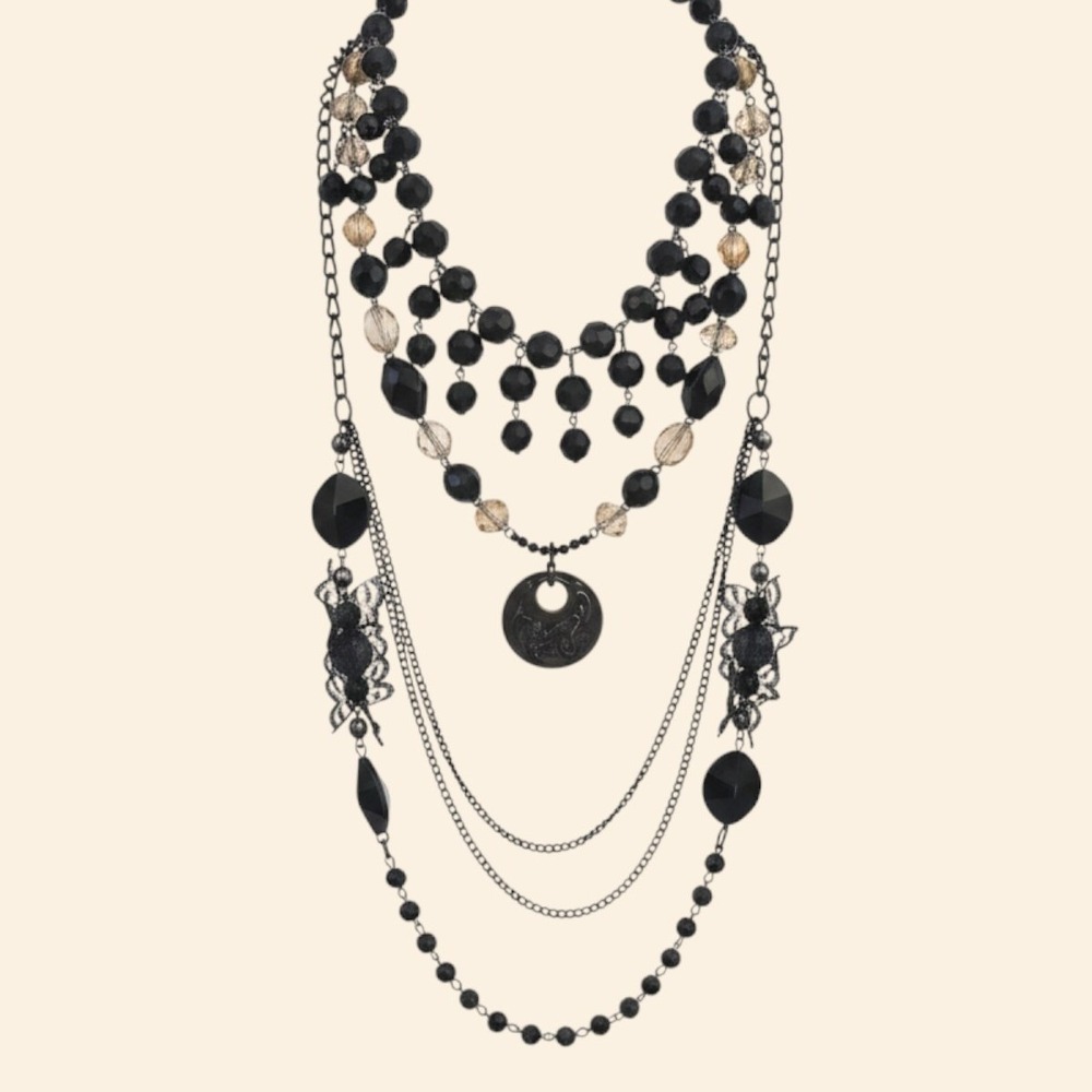 Whimsigoth Vintage Layered Necklace Set Black Acrylic Lace Metal Beads Statement